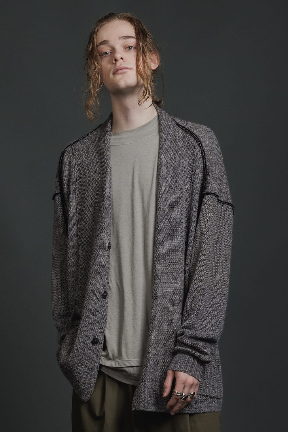 Hard Twisted Ramie Yarn Cardigan  Gray Brown