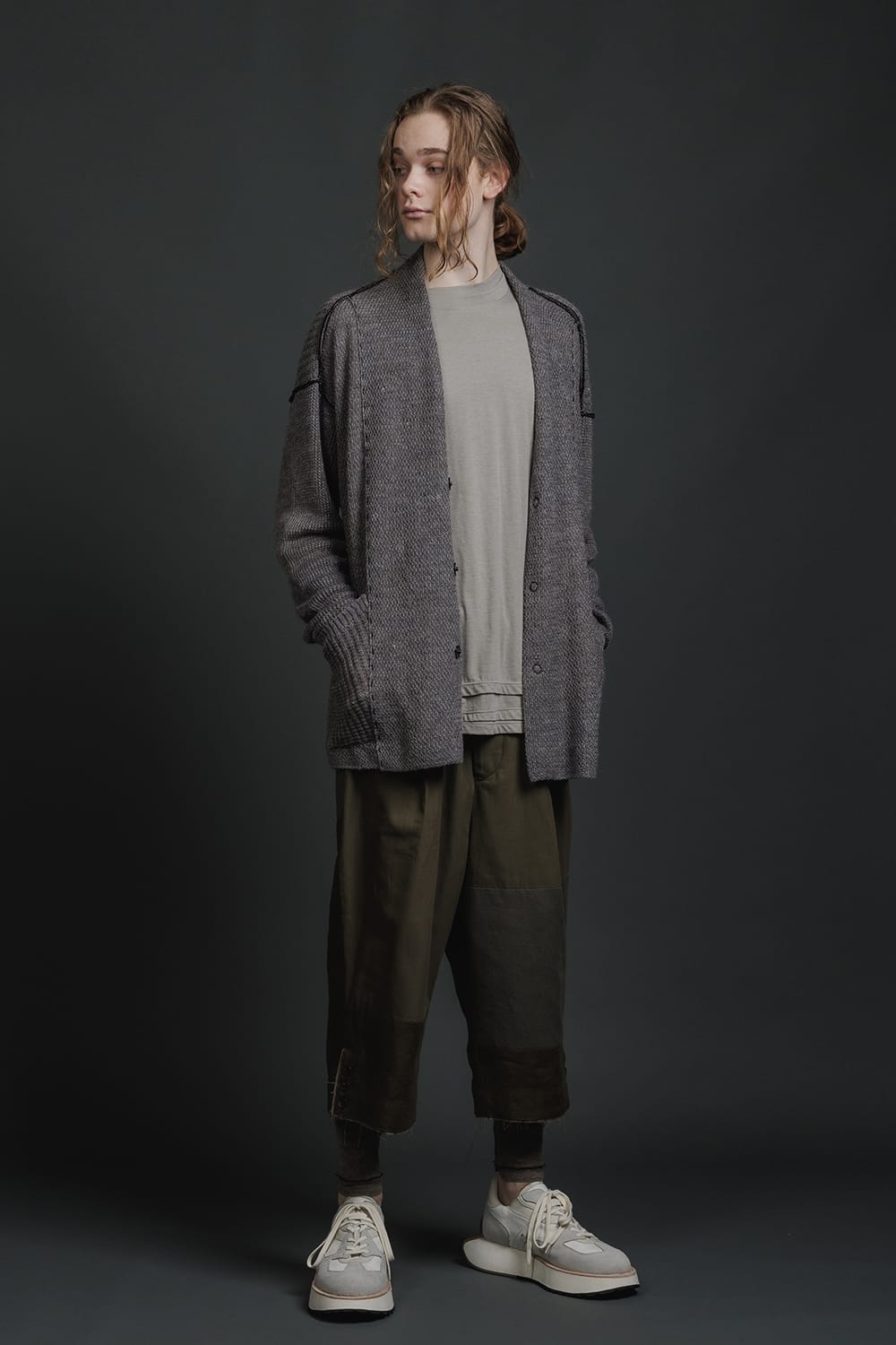 Hard Twisted Ramie Yarn Cardigan  Gray Brown