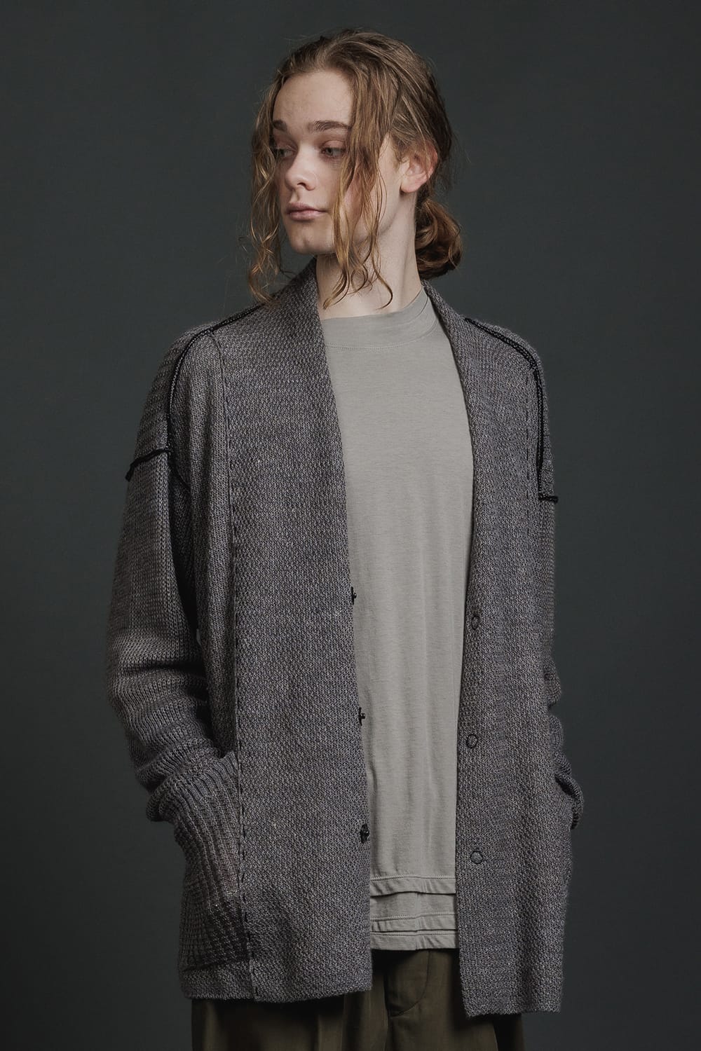 Hard Twisted Ramie Yarn Cardigan  Gray Brown