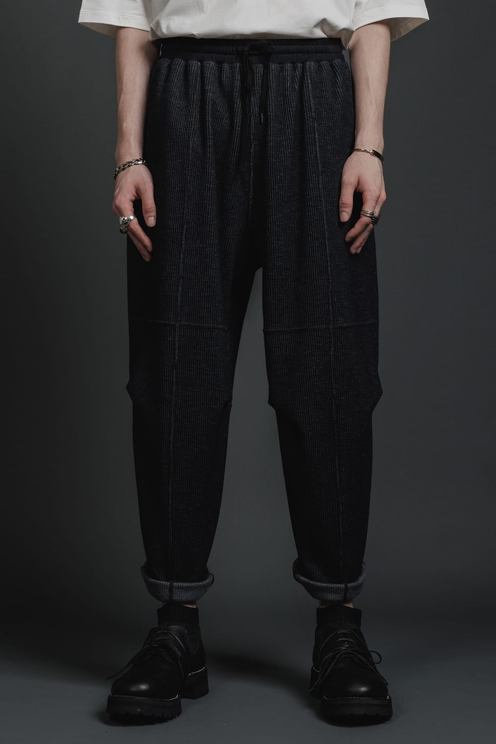 Stripe Knit Draw-Strings  Pants Black