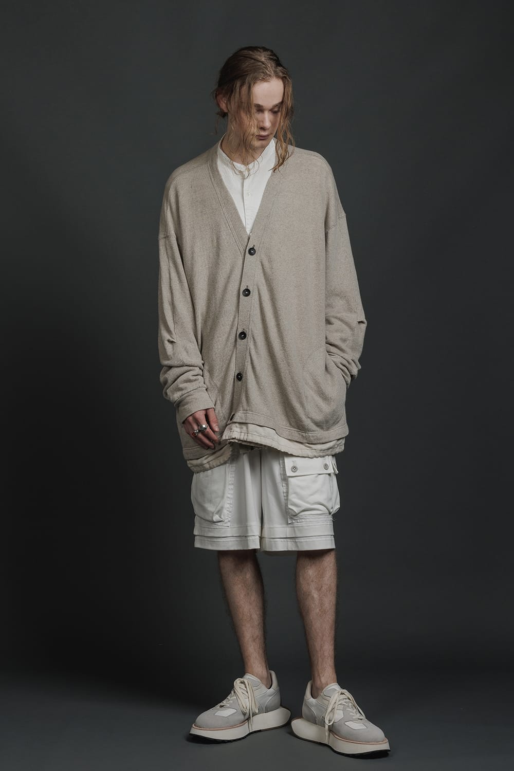 リネン/コットン ジャージーカーディガン  グレーベージュ