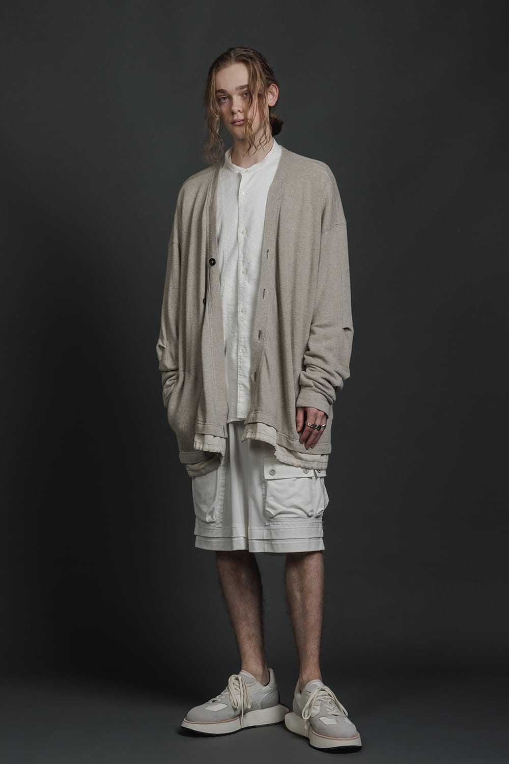 リネン/コットン ジャージーカーディガン  グレーベージュ