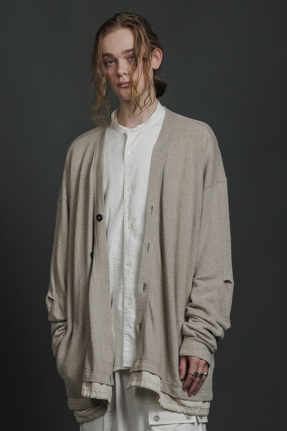 リネン/コットン ジャージーカーディガン  グレーベージュ