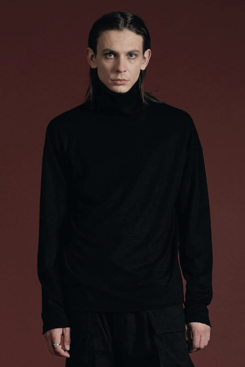 Cotton/Cashmere Turtle-Neck Long Sleeve T Black