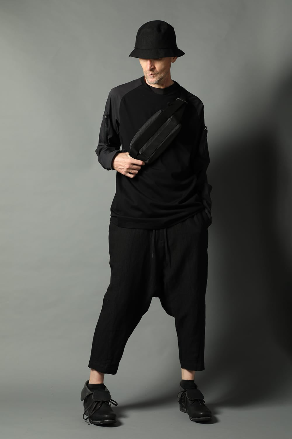 Drop crotch cropped pants cotton ramie shrink