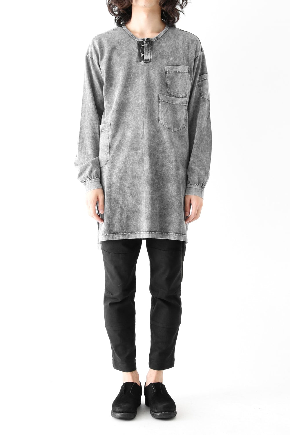 Vintage-esque Cotton Jersey Henry Neck Neck T Charcoal