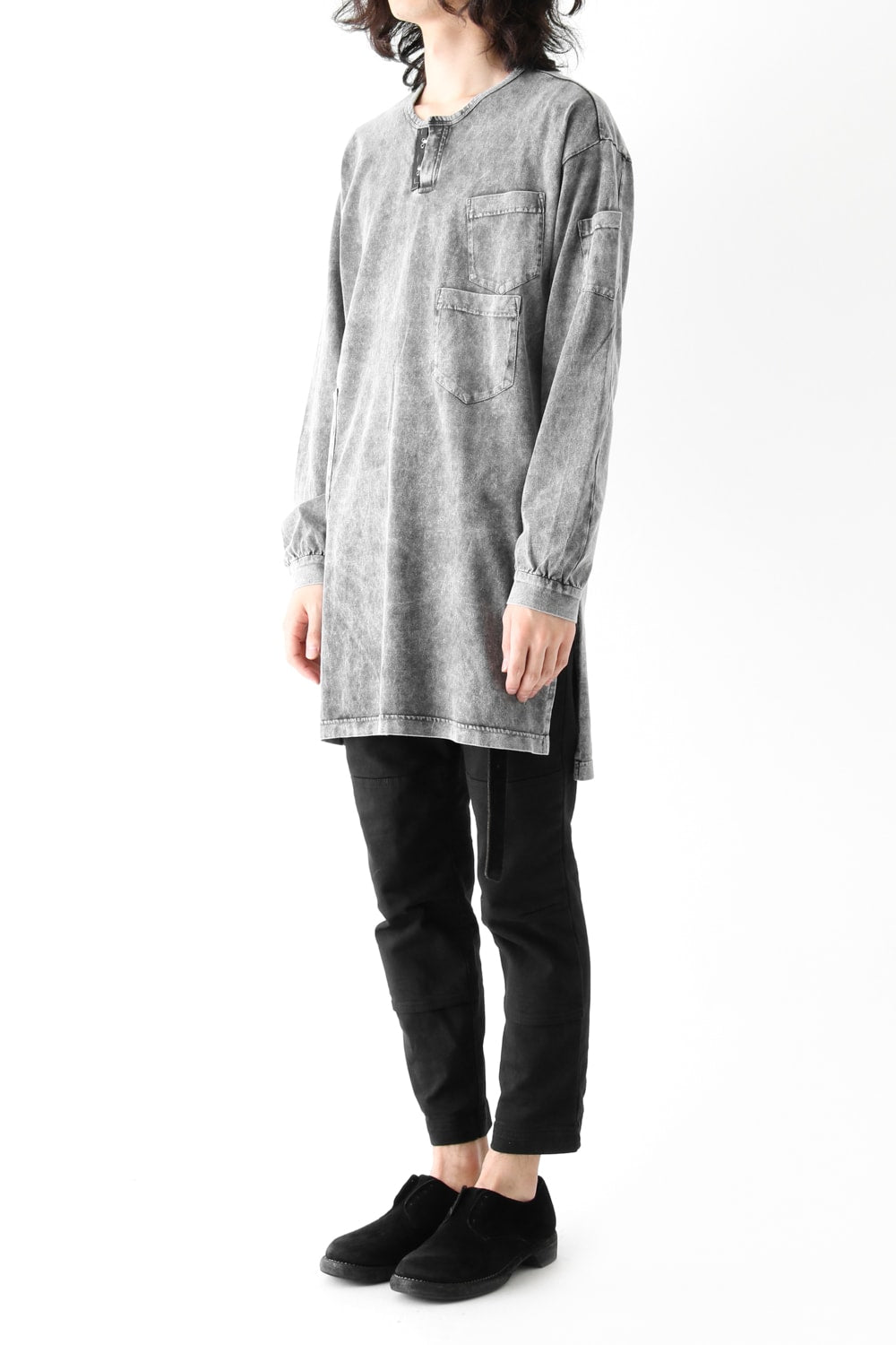 Vintage-esque Cotton Jersey Henry Neck Neck T Charcoal