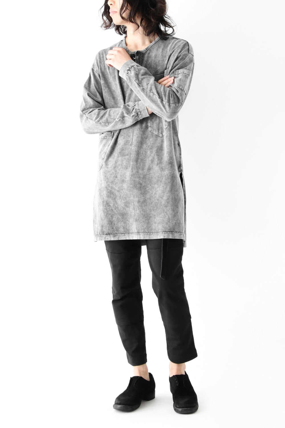 Vintage-esque Cotton Jersey Henry Neck Neck T Charcoal