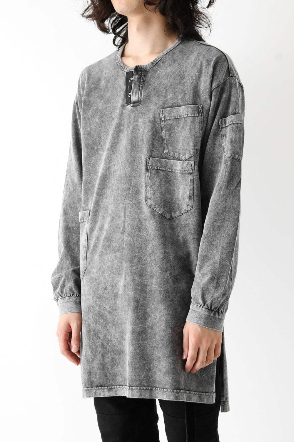 Vintage-esque Cotton Jersey Henry Neck Neck T Charcoal