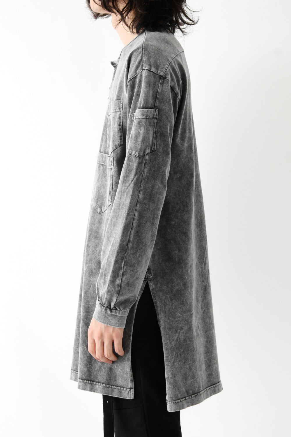 Vintage-esque Cotton Jersey Henry Neck Neck T Charcoal