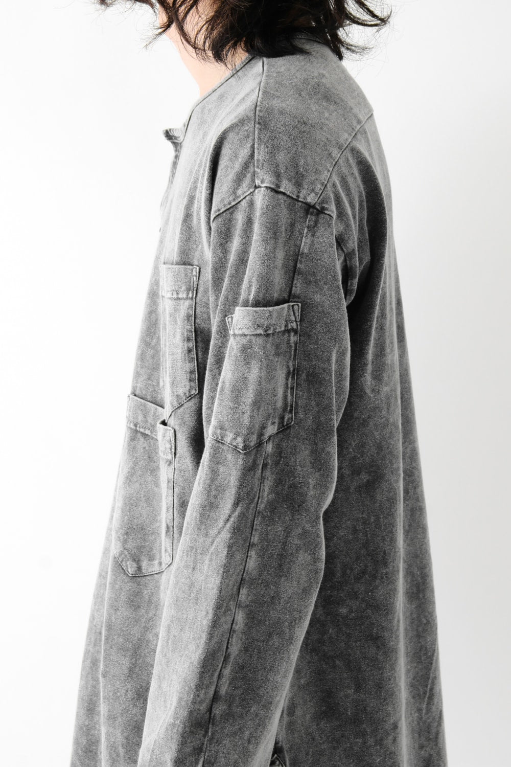 Vintage-esque Cotton Jersey Henry Neck Neck T Charcoal