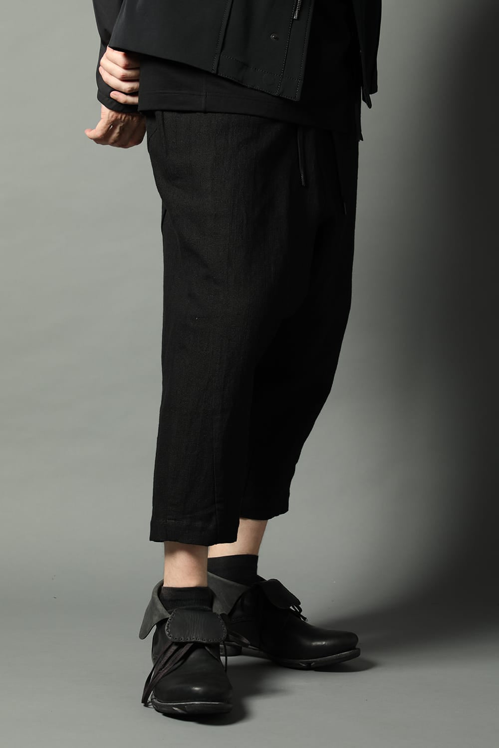 Drop crotch cropped pants cotton ramie shrink