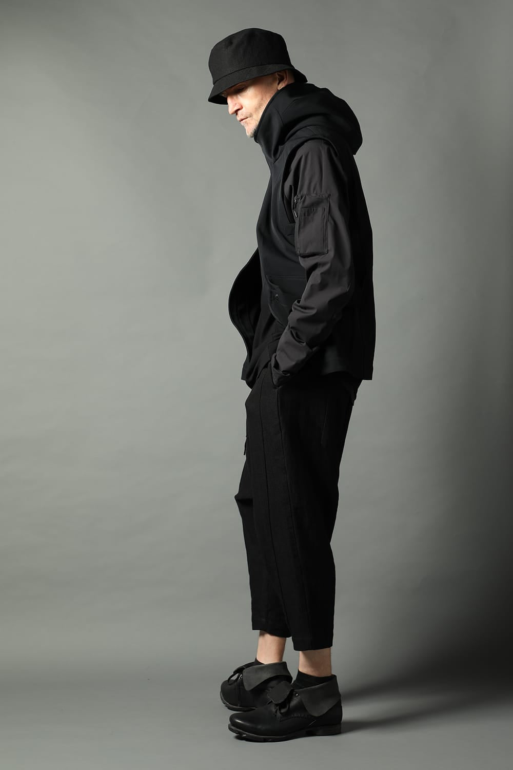 Drop crotch cropped pants cotton ramie shrink