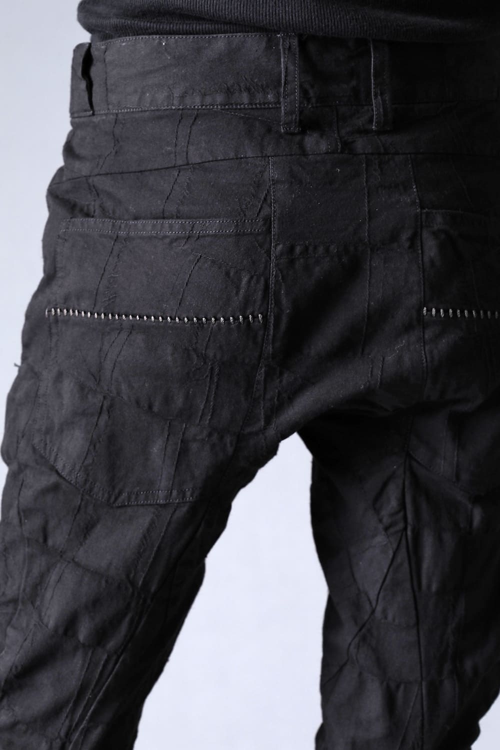SCAB Patchwork Jagged Stretch Cotton Overlock Twisted Curved Slim Pants Black Charcoal Stitch