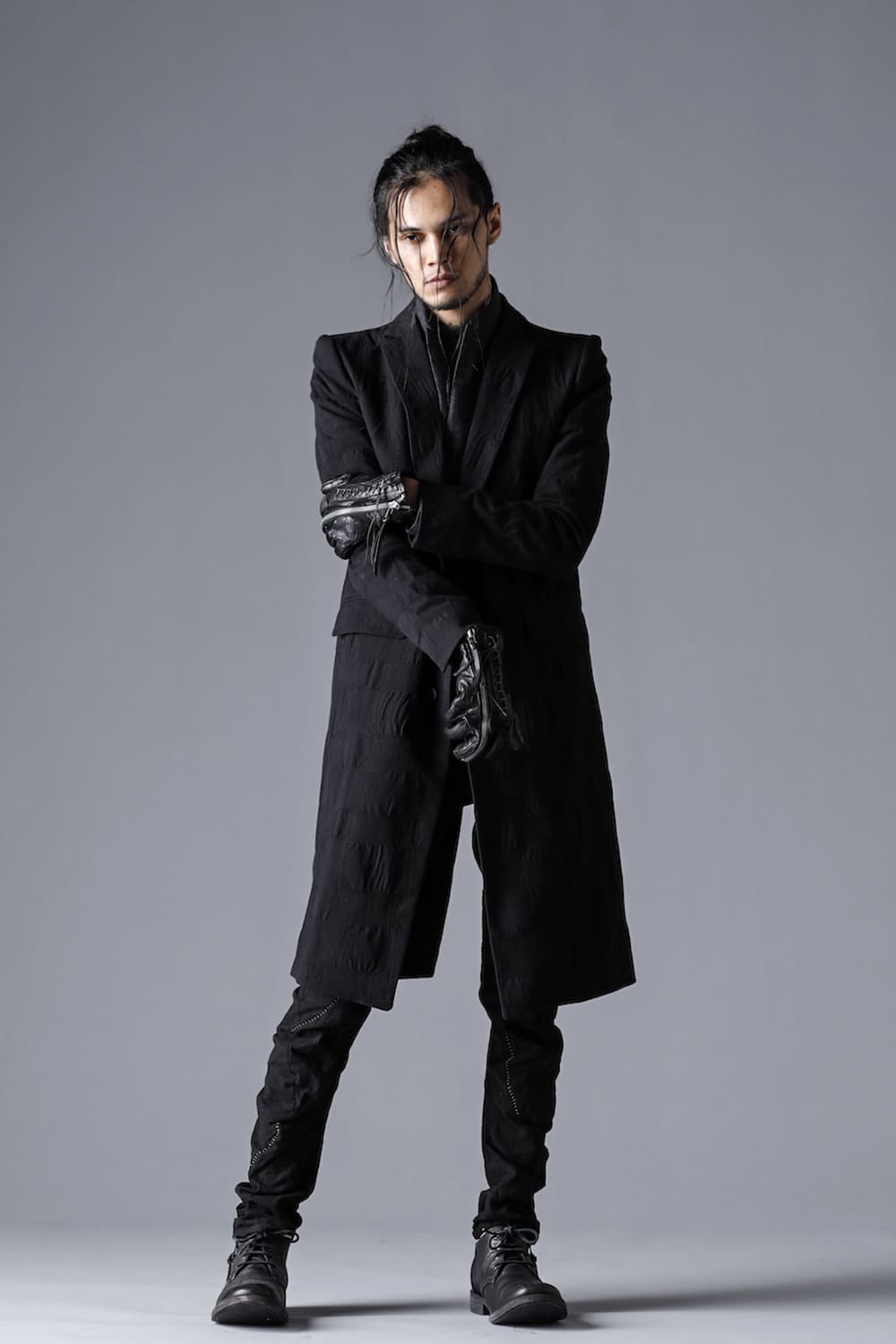 SCAB Patchwork Jagged Stretch Cotton Overlock Twisted Curved Slim Pants Black Charcoal Stitch