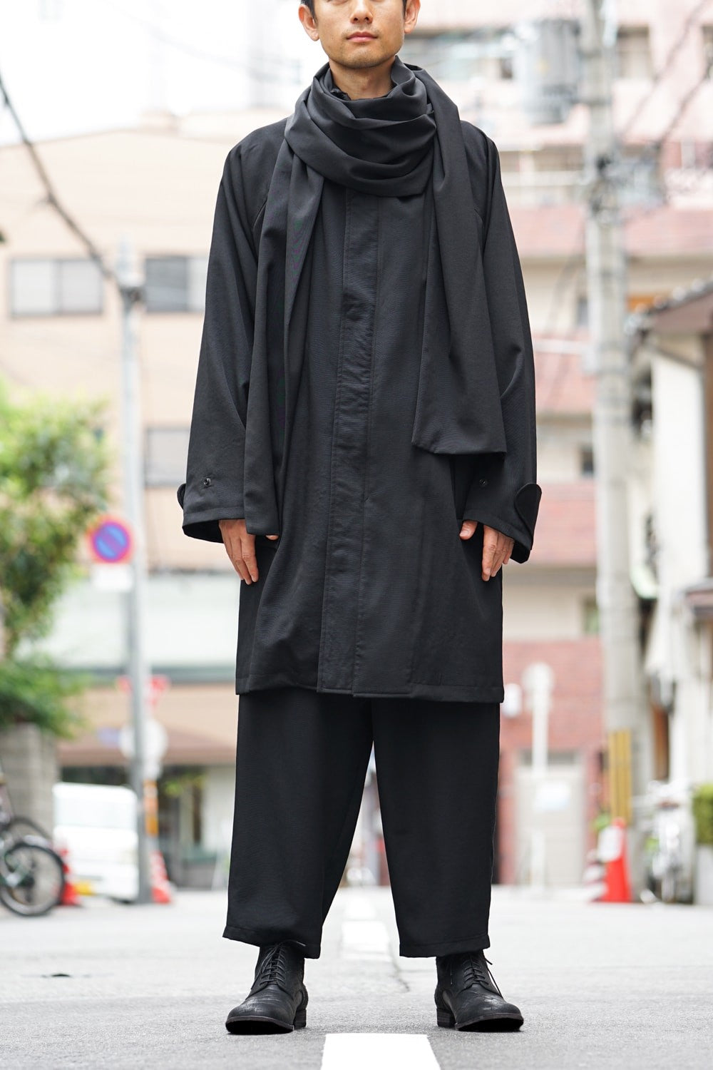 Wool Gabardine Stand Collar Coat + Muffler