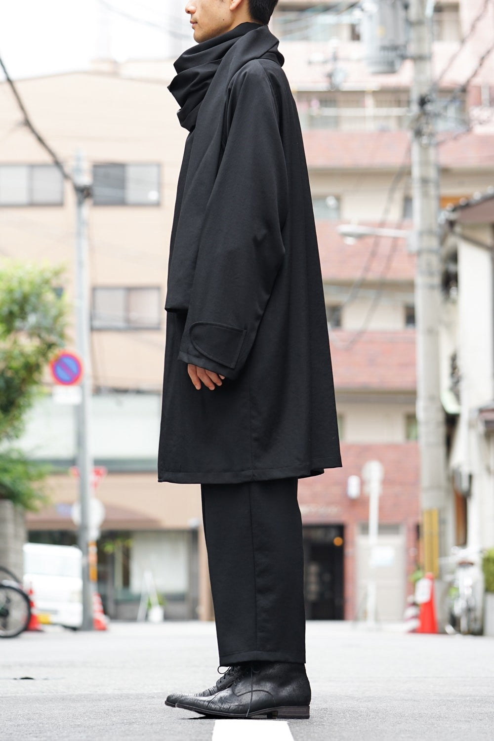 Wool Gabardine Stand Collar Coat + Muffler