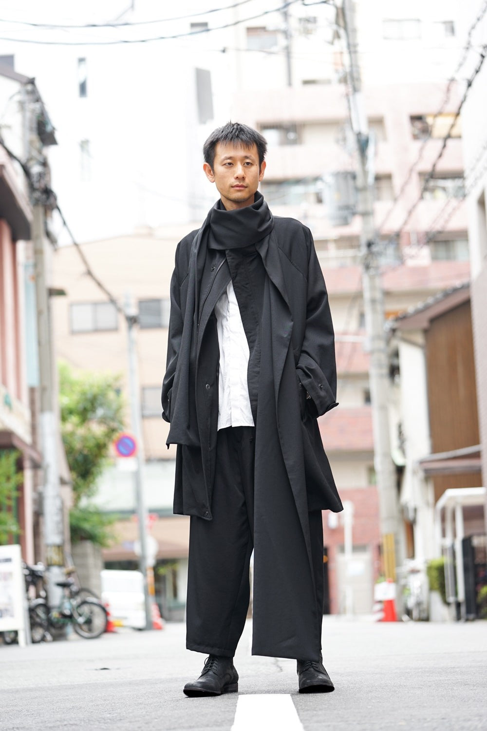 Wool Gabardine Stand Collar Coat + Muffler