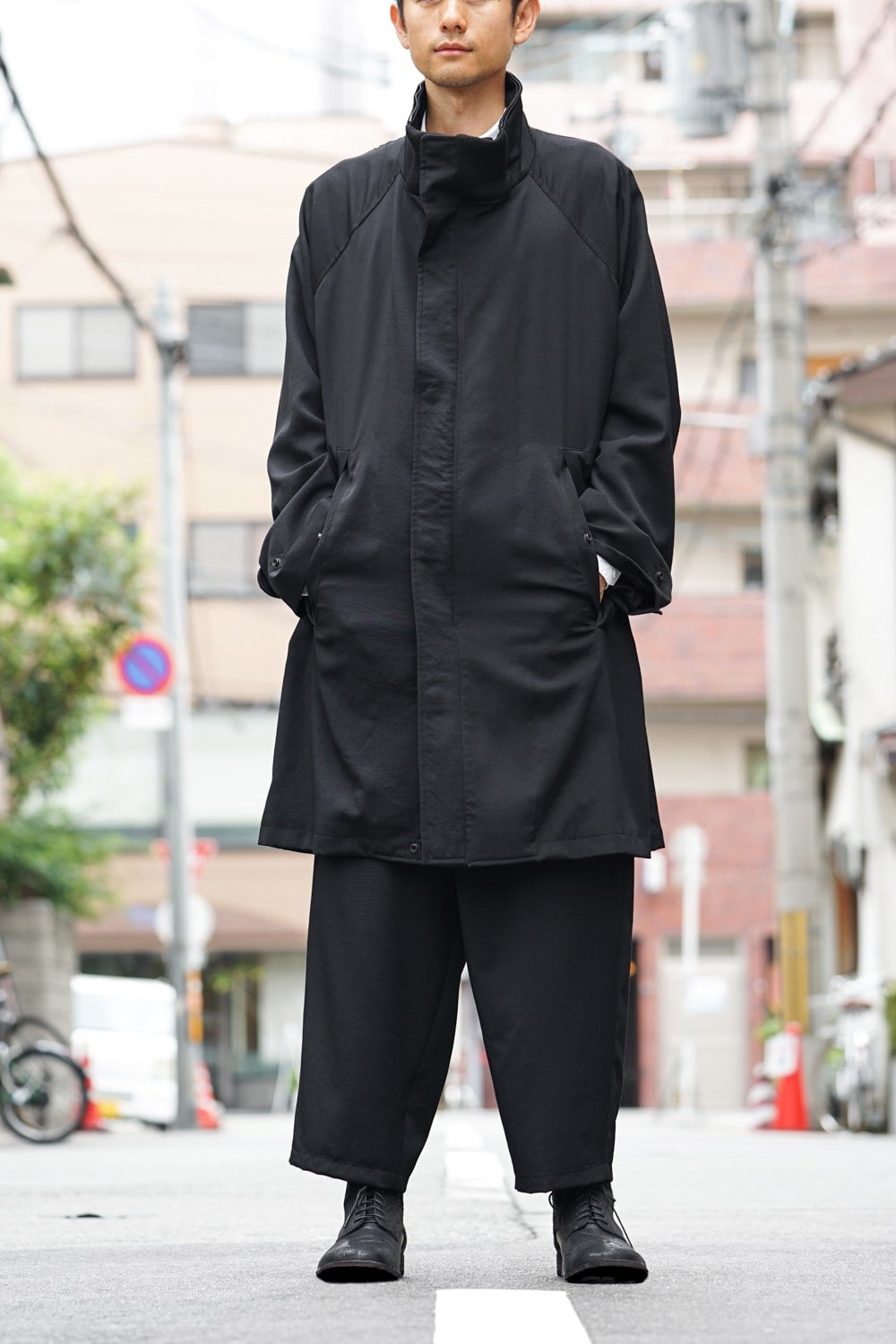 Wool Gabardine Stand Collar Coat + Muffler