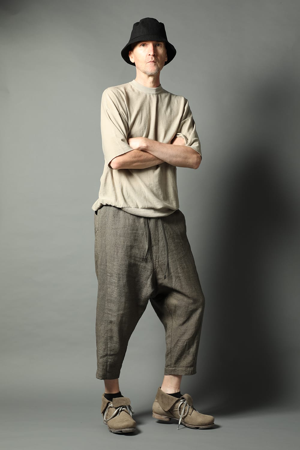 Dropcroch cropped pants silk linen crazy check  Beige Gray