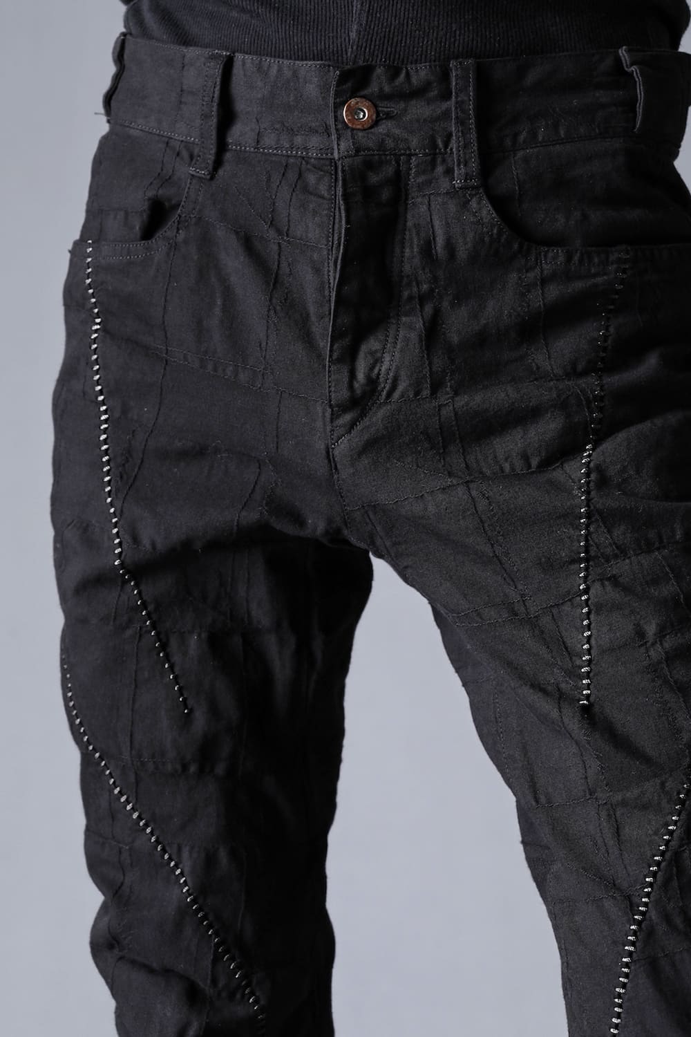SCAB Patchwork Jagged Stretch Cotton Overlock Twisted Curved Slim Pants Black Charcoal Stitch